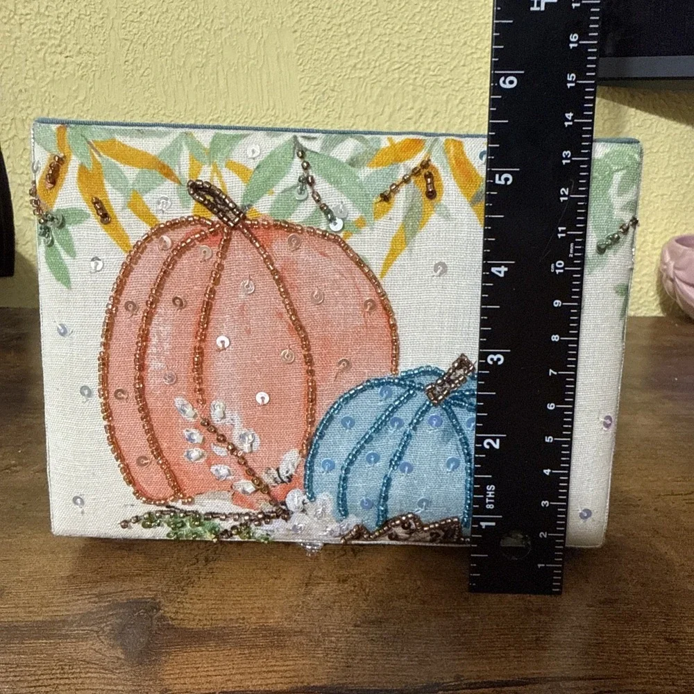 Total Home Ltd Curated Bead  Embroidered Pumpkin Motif Fabric Trinket Box With T